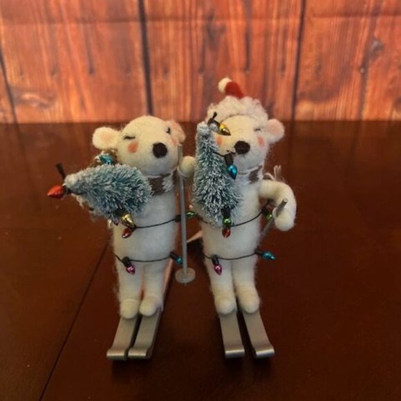Pair Of Felted Wool Skiing Mice Christmas Ornaments With Holiday Trees & Lights - Picture 1 of 7